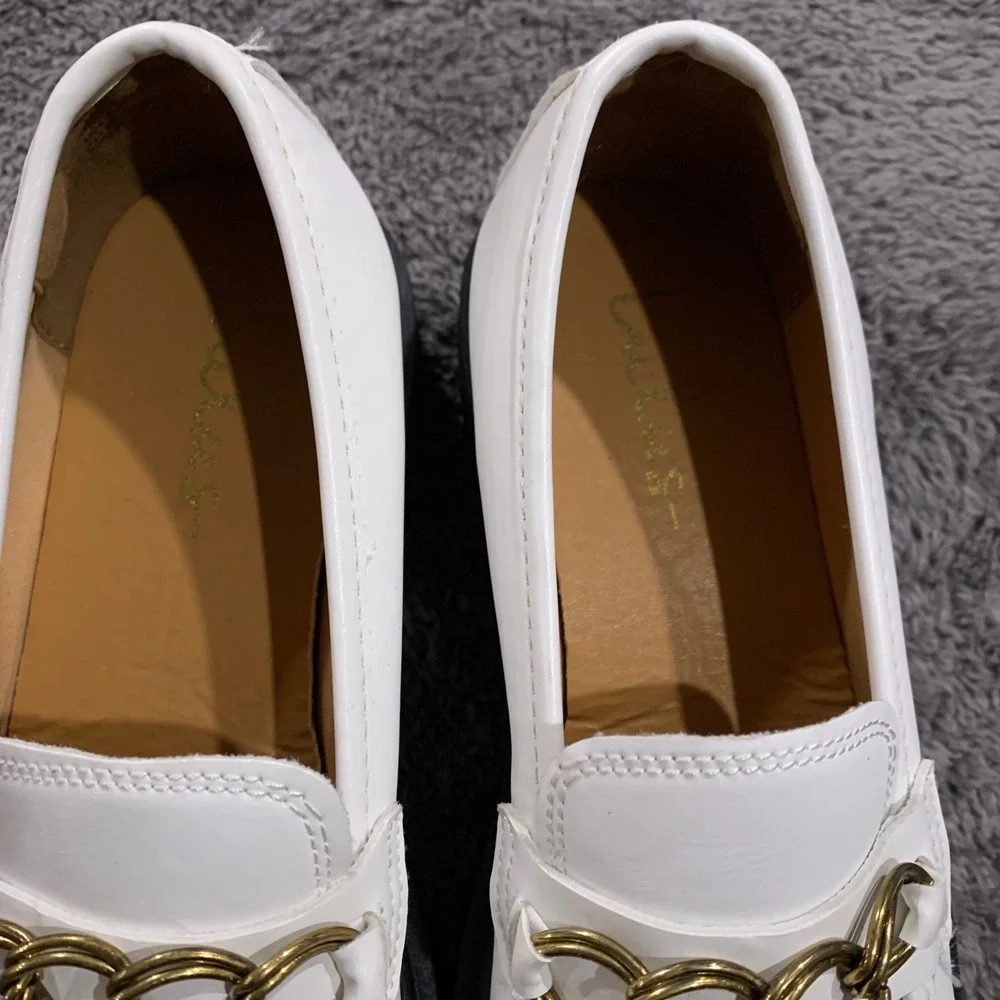 White Chunky Platform Lug Sole Loafers with Gold Chain Detail Mens Size 37